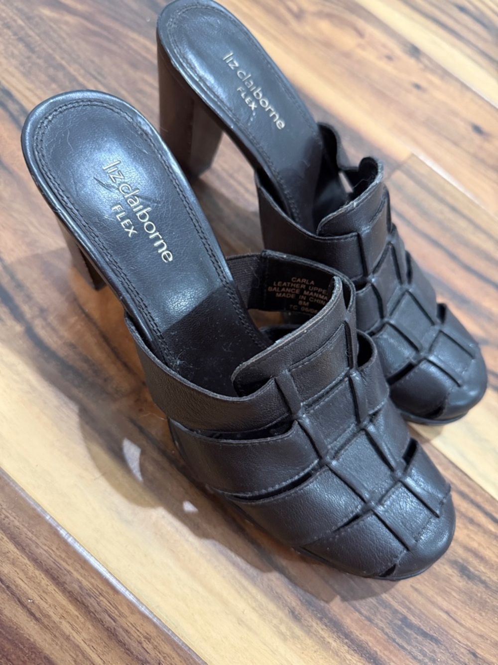 Liz Claiborne Brown Leather Woven Mule Heels